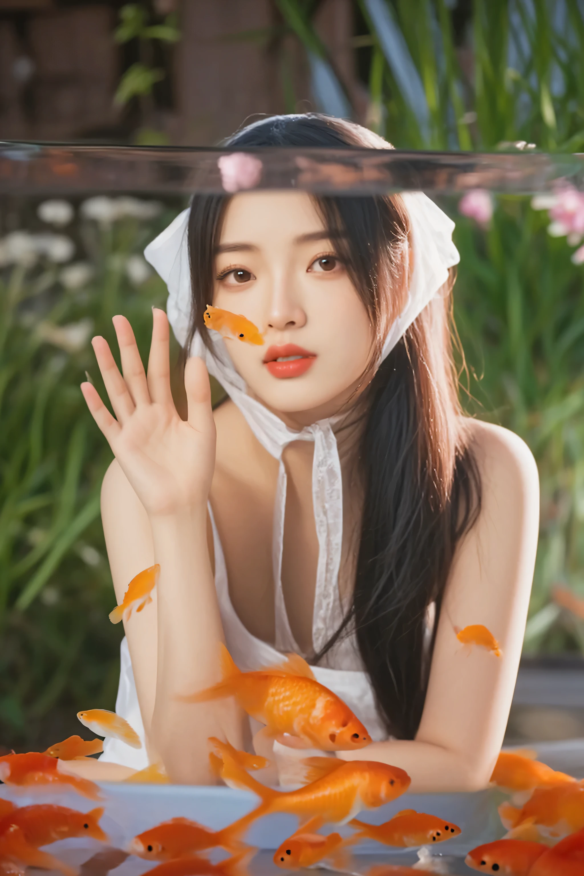there is a woman that is sitting in a bowl with goldfish, koi, official artwork, wenfei ye, guweiz, artwork in the style of guweiz, lei min, yan, xintong chen, fish in the background, chengyou liu, sha xi, in goldfish armor, jingna zhang, lu ji, wu liu, xue han