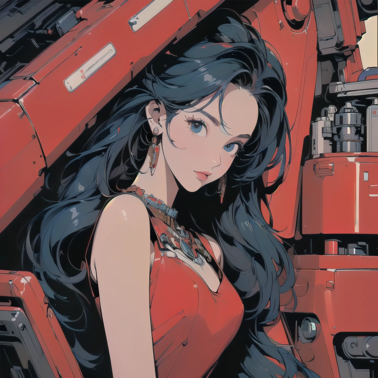 (((masterpiece, Highest quality)))、(((32K Wallpapers)))、The most detailed machine、(((The most complete and detailed red futuristic machine and a woman)))、The most detailed background、(((Flat Chest)))、(((Surrounded by many complex, sophisticated, futuristic machines)))、head shot,((((more various angle))))、((Overall colorfully))、A perfect machine、(((Perfect Face)))、(((The most complete machine of the future)))、Detailed Hair