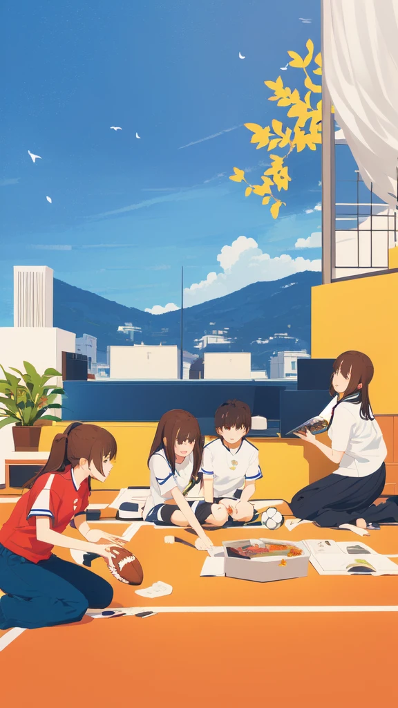 A couple and their children watching a football match,脸部Detailed depiction,手部Detailed depiction,Detailed depiction,Interior scene,carpet, 8k卡通illustration, 游戏illustration,卡通风格illustration, 详细的 2D illustration, 儿童书籍illustration, Flat illustration style, illustration, Children's illustrations, colorful