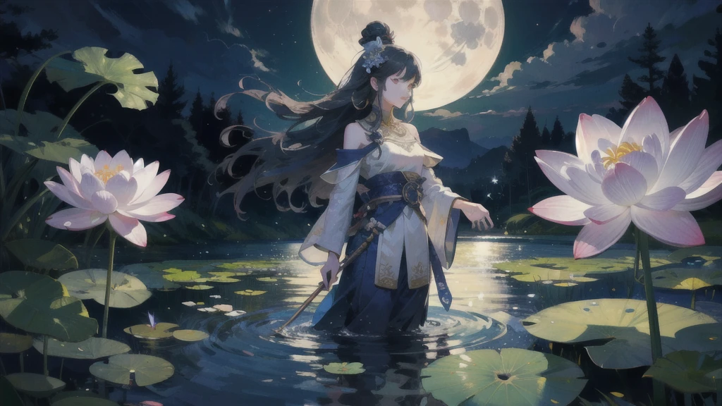 ((Highest quality, masterpiece, Esoteric, Super Resolution)) Moonlight over the lotus pond, Green and Blue, Lotus flower in full bloom, Traditional