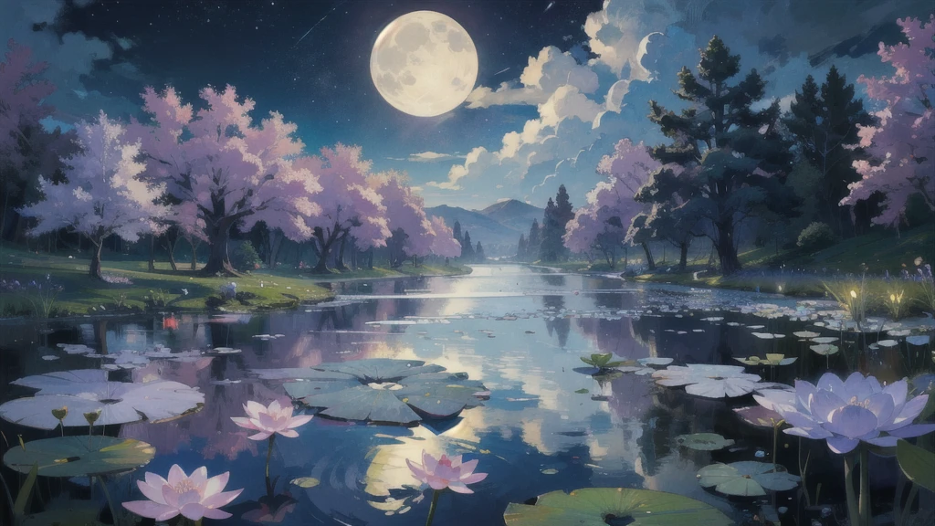 ((Highest quality, masterpiece, Esoteric, Super Resolution)) Moonlight over the lotus pond, Green and Blue, Lotus flower in full bloom, Traditional