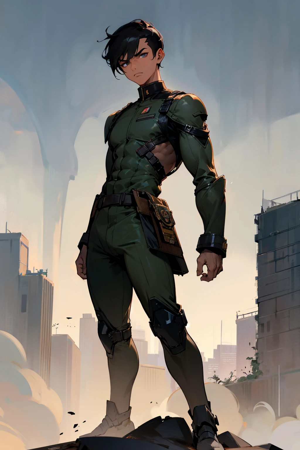 Masterpiece Quality, Perfect Generation, Sclera, Detailed Eyes, Skin, Hair, Muscular, Military Clothing, Serious Expression, , Apocalypse Background, Full Body, Skin, , , , facing viewer, Standing Outside, Clothed, , Eyes, hair, male, slicked hair, hair, , Ruined City Background, Buzz Cut, Military Cut, Military Background, Dark skin, dark hair, tanned skin, buzz cut