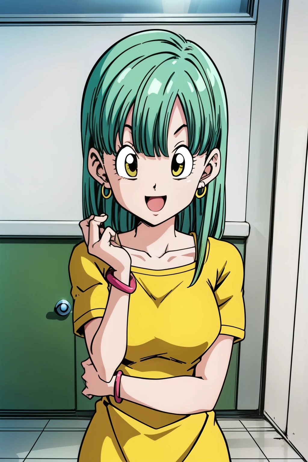 Buu Saga, Bloomers, One girl, alone, View your viewers, Semi-long hair, Brown eyes, From above at an angle, Holding, jewelry, Upper Body, Green Hair, No sleeve, Short sleeve, indoor, bracelet, clock, hoop ,palm, palm, stop, stop, Earrings, Yellow dress, smile, Open your mouth, Happy, lucky, wristclock