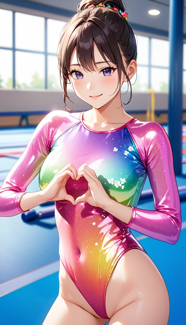 highquality illustration, masterpiece, very delicate and beautiful, attractive girl,(gymnastics leotard, Floral patterns leotard,long_sleeve leotard,high_leg leotard,athletic leotard,tight-fit leotard),thin,slender body,slim,high school,gymnasium background,gymnastics club,gymnastics athlete,princess, beautiful eyes,light smile,(masterpiece, best quality:1.2), highres, extremely detailed CG unity 8k wallpaper, perfect lighting, Colourful, ultra-high res,4K,ultra-detailed, photography, 8K, HDR, 17 ages, 