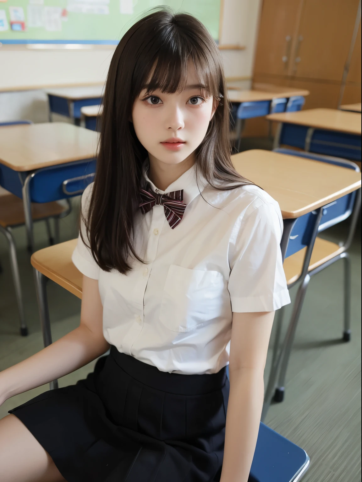 (8k, Top quality, Masterpiece:1.2), (Realistic, photo-realistic:1.37), Super detailed, perfect anatomy, cute, small eyes, 18 years old, a Japanese, girl, white shirt, bow tie, school skirt, blunt bangs, classroom, sitting,