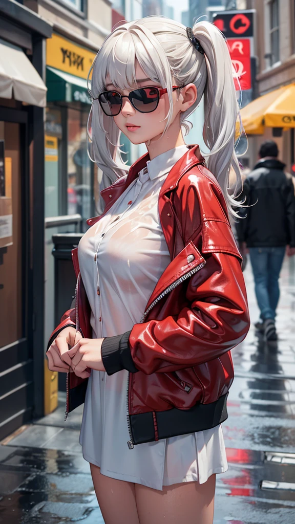embedding:urn:air:sd1:embedding:civitai:222256@250708, 1girl, solo, breasts, short hair, medium breasts, closed mouth, upper body, white hair, (twintails), red eyes, frontal bangs, side bangs, white shirt, translucent top, lips, wet, depth of field, blurry background, phone, cellphone, wet clothes, facing viewer, smartphone, rain, water drop, blindfold, wet hair, sunglasses, very long hair, city street, c0l0urc0r3, cute, bright colours, black leather jacket, red fingernails, (masterpiece), absurdres, blurry
