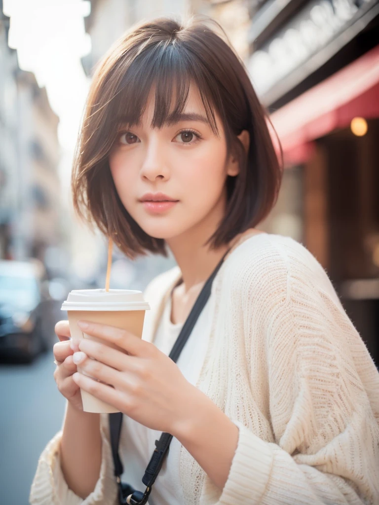1 girl, in street of france, holding a coffee, captivating and graceful, (realistic detailed eyes, natural skin texture, innocent expresion), intricate details, soft and dreamy lighting, pastel color palette, shallow depth of field, highly detailed, hyper-realistic, medium-format film camera, blurred background., bob cut、bob hair、short hair, japanese