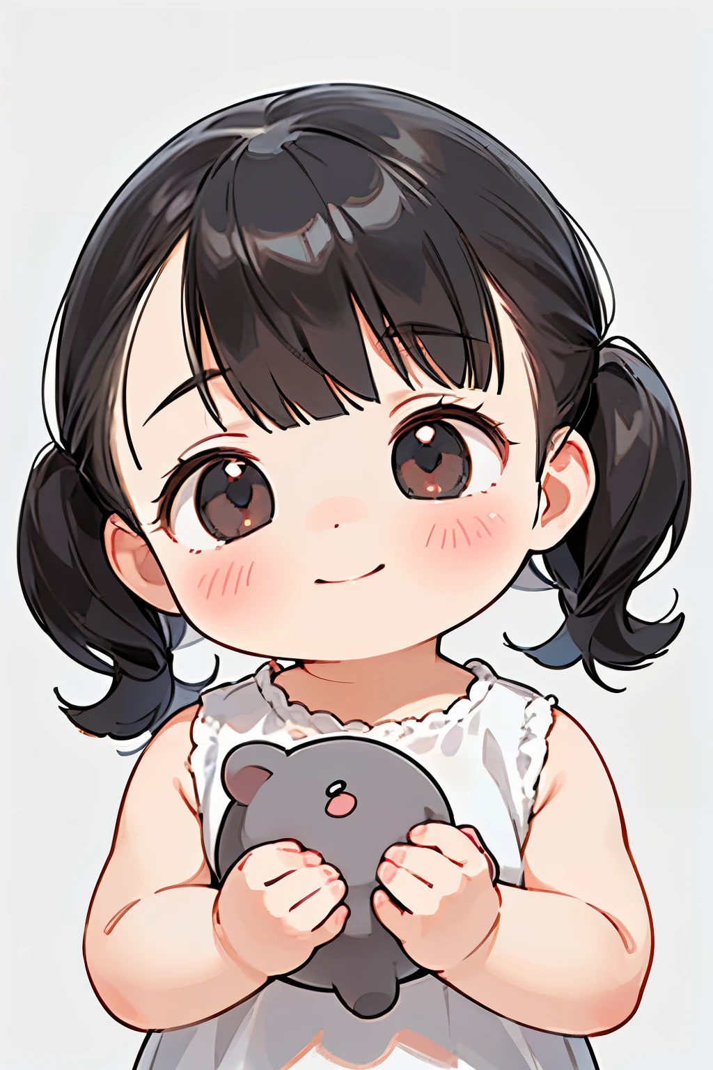 (high-quality, breathtaking),(expressive eyes, perfect face) portrait, Symmetrical Eyes, 1girl, solo, 1 , black hair, red coloured eyes, short length hair, fluffy hair, wavy hair, baby faceckground, detailed eyes, cute smile, upperbody, pigtails
