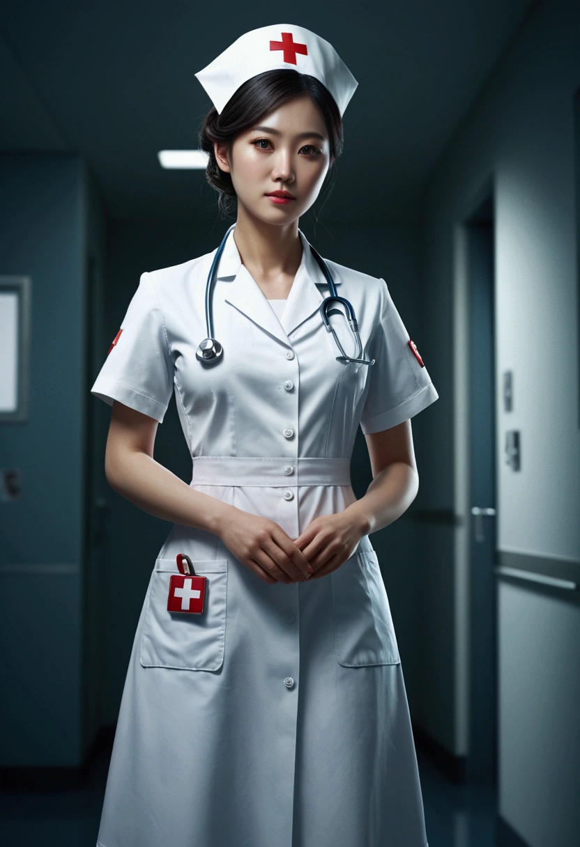 Nurse, full body, by ruan_jia, cinematic still, 35mm, (best quality, masterpiece), very aesthetic, perfect composition, photorealistic, intricate details, ultra-detailed, vivid colors