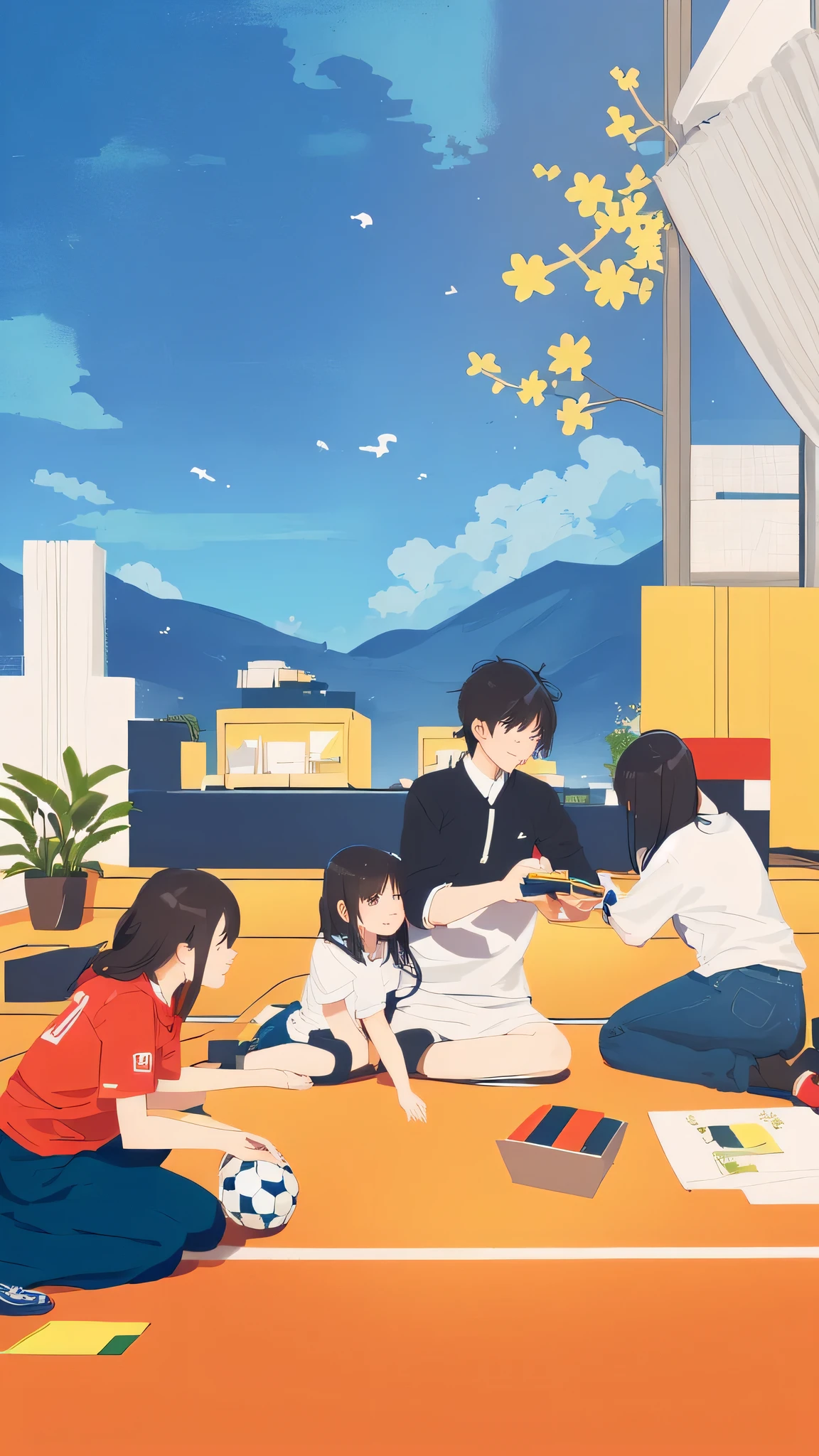 A couple and their children watching a football match,Detailed depiction of face,Detailed depiction of hands,Detailed depiction,Interior Scene,carpet, 8k cartoon illustration, Game illustration,Cartoon style illustration, Detailed 2D illustration, Children's book illustration, Flat illustration style, illustration, Children's illustrations, colorful