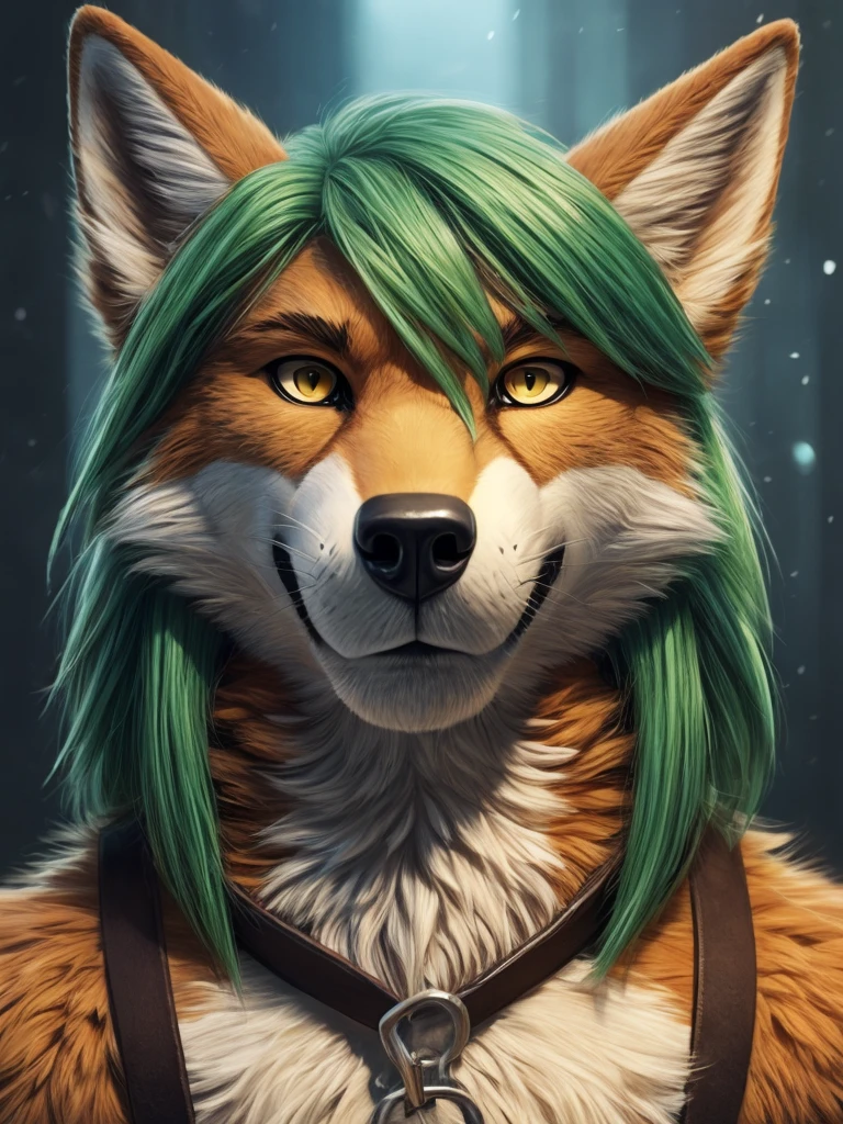 anthro wolf man furry detailed fur long fur long hair realistic fur digital art, araffe with green hair and yellow eyes, headshot of young male furry, fursuit, furry fursona, furry character portrait, fursuit!!!!, pov furry art, furry artist, furry character, fursona!!!!, furry shot, holo is a wolf man, portrait of an anthro fox, handsome weasel fursona portrait