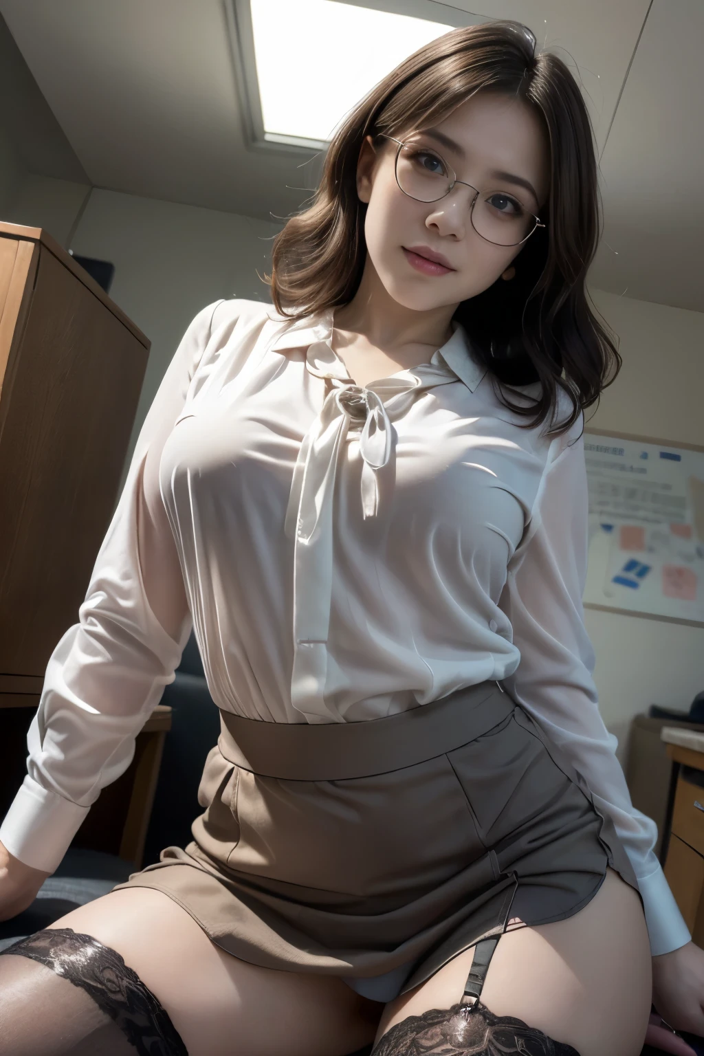 (masterpiece,best quality:1.4),(8k,raw photo,photo realistic:1.2),((super resolution:1.4)), (absurdres:1.3),shiny skin,detailed skin,detailed face,detailed eyes,beautiful shining eyes:1.3,Symmetrical eyes,professional,1girl,Japanese idol,beautiful face,extremely (Detailed Background,School principal's office)Large natural breasts,Mature woman of 50 years old,A sexy 50s face.:1.2,((Trendy Casual Summer dress,Glasses,lace-up stockings:1.3)),elegant style,,((Taken from below:1.4)),Emphasis on cleavage,Showing sexy panties,(Charming smile),stout legs、beautiful legs、((Very detailed sexy panties looking slit miniskirt,Accurate sexy panties))、((hold the hem of a skirt:1.4))、(Very Detailed Sexy underwear design,Unbuttoned blouse:1.5, medium-long wavy haircut:1.6)、スタジオソフトライト, リムライト, Realistic skin texture, Spread your legs, spread your feet,,panties zoom up, nsfw,,Perverted mature woman who likes exposure,fat:1.4,