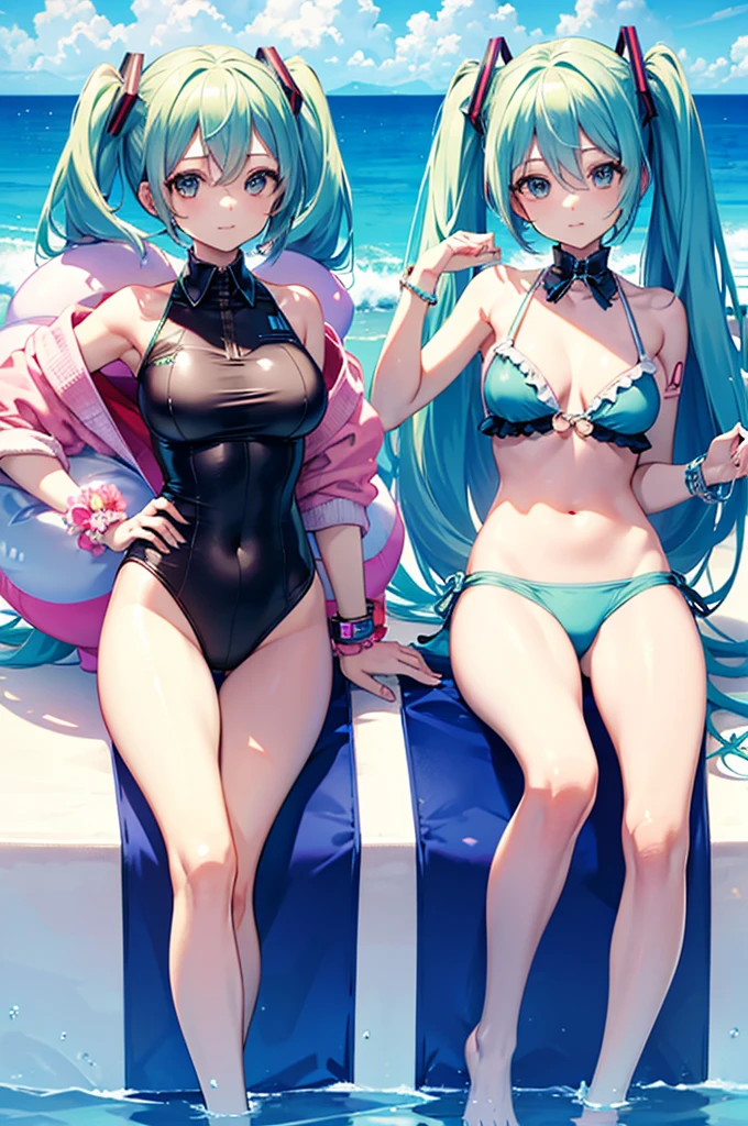 Two people　Hatsune Miku　Big and small breasts　Swimwear　wrist set