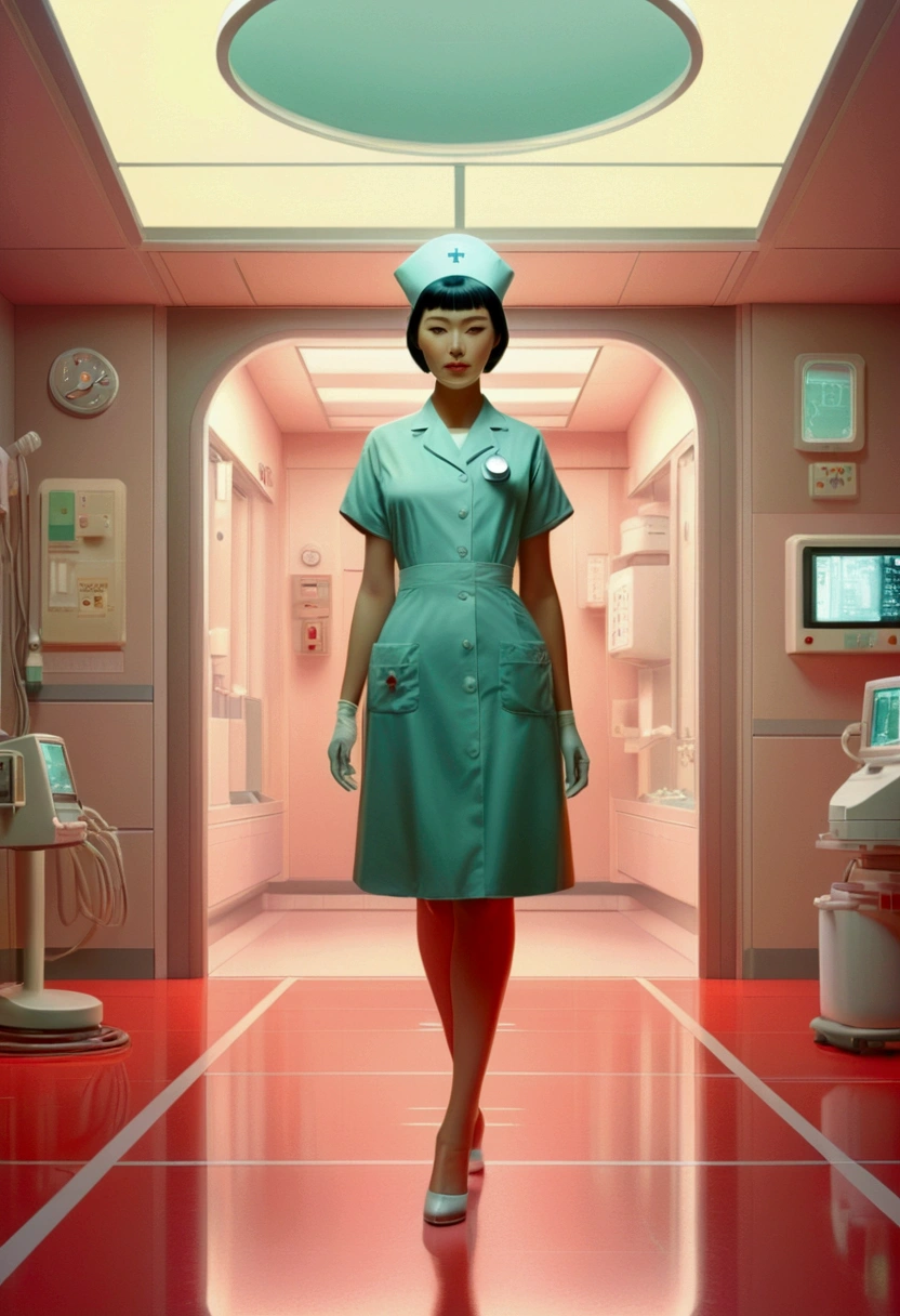 Nurse, full body, by Hsiao Ron Cheng, cinematic still, 35mm, (best quality, masterpiece), very aesthetic, perfect composition, photorealistic, intricate details, ultra-detailed, vivid colors