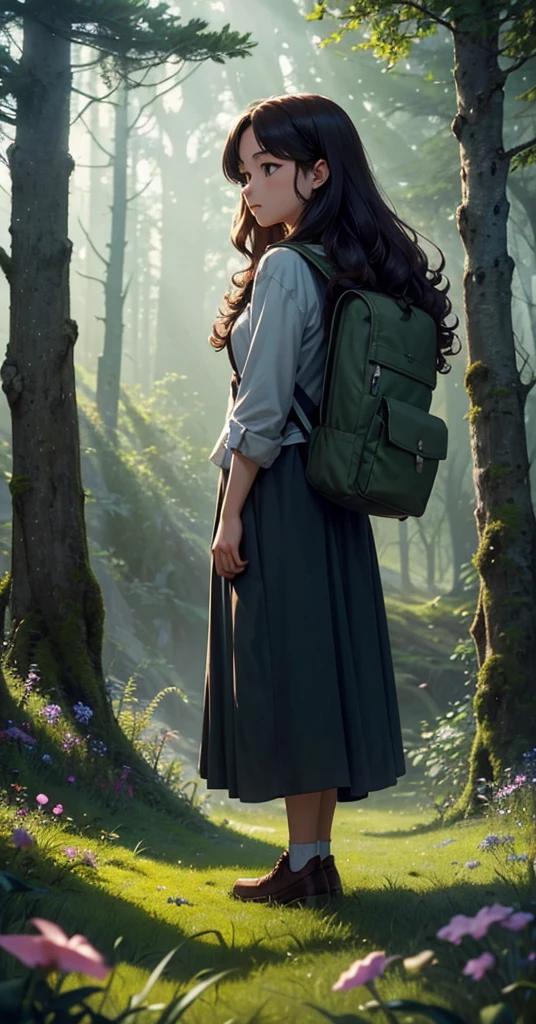 a highly detailed, comforting moonlit meadow in a lush forest at night, dense old-growth trees, mossy rocks, long grass, wildflowers, dramatic lighting, moody, cinematic, muted colors, deep shadows, glowing moonlight, mystical, ethereal, serene, night sky, stars, best quality, 4k, 8k, highres, masterpiece, ultra-detailed, ghibli themed animated. not far from the a long, curly-haired girl stood wearing a hiking outfit, having a big backpack. Her hair cascaded down her back in wild, free-spirited curls, contrasting with the calmness around her. She turned to look back at the peaceful scene, where vibrant flowers carpeted the ground and cute animals roamed freely. Butterflies danced among the blossoms, and the air was filled with the gentle rustling of leaves and the melodious songs of birds. The forest seemed alive with a tranquil beauty, inviting and comforting in its natural splendor.