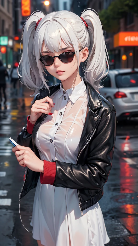 embedding:urn:air:sd1:embedding:civitai:222256@250708, 1girl, solo, breasts, short hair, medium breasts, closed mouth, upper body, white hair, (twintails), red eyes, frontal bangs, side bangs, white shirt, translucent top, lips, wet, depth of field, blurry background, phone, cellphone, wet clothes, facing viewer, smartphone, rain, water drop, blindfold, wet hair, sunglasses, very long hair, city street, c0l0urc0r3, cute, bright colours, black leather jacket, red fingernails, (masterpiece), absurdres, blurry