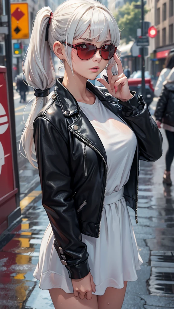 (Long white hair, braided in two braids: 1.4), ((sharp jawline)), ((Very muscular body with perky tits)), An evil expression on his face, (red jacket, white shirt with black tie, black pleated skirt with knee-length stockings, High-heeledshoes: 1.3), stands sideways, on the lawn in the park,