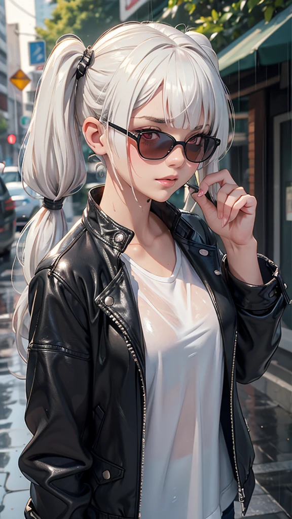 embedding:urn:air:sd1:embedding:civitai:222256@250708, 1girl, solo, breasts, short hair, medium breasts, closed mouth, upper body, white hair, (twintails), red eyes, frontal bangs, side bangs, white shirt, translucent top, lips, wet, depth of field, blurry background, phone, cellphone, wet clothes, facing viewer, smartphone, rain, water drop, blindfold, wet hair, sunglasses, very long hair, city street, c0l0urc0r3, cute, bright colours, black leather jacket, red fingernails, (masterpiece), absurdres, blurry