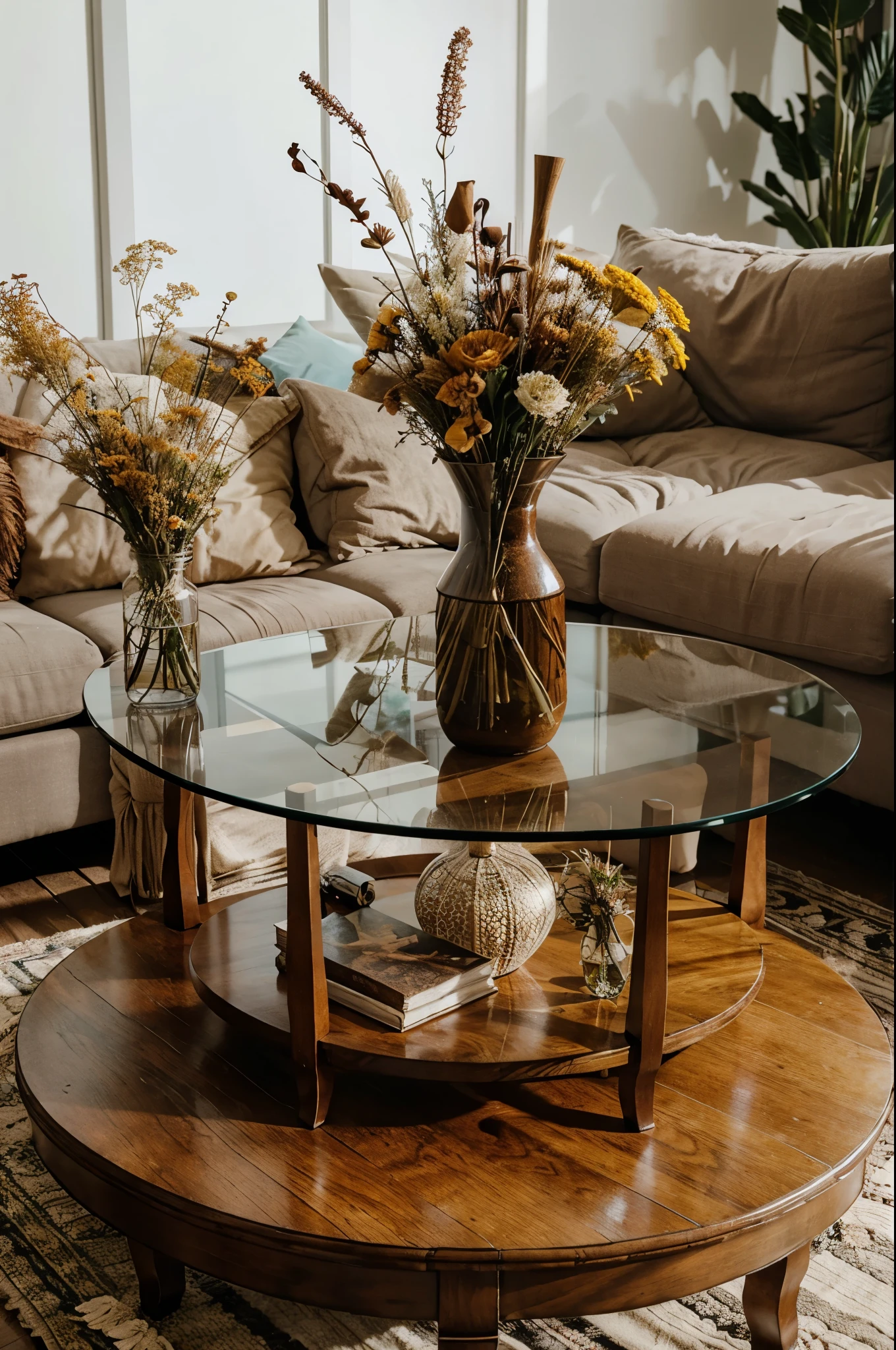 A coffee table with modern boho vases filled with dried flowers.