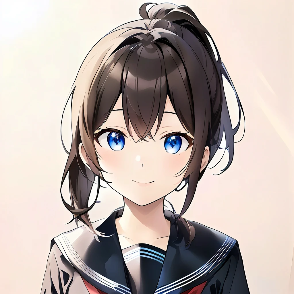 ((masterpiece)), ((Highest quality)), ((A -yeld hischool girl with brown hair and deep blue eyes.)), (Beautifully detailed eyes), ((ponytail)), (Sailor suit), Vivid and beautiful anime girl, Shiny clothes, Detailed Key Anime Art, Smooth anime CG art, Detailed portrait of an anime girl, ((light smile)), ((Super detailed)), (アニメ:1.1)