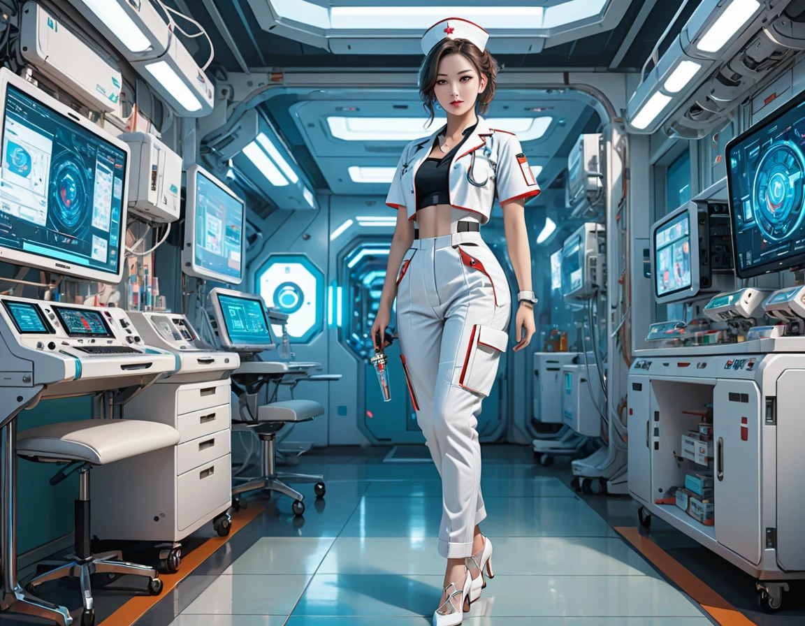 a picture of mech nurse in a futuristic hospital, exquisite beautiful nurse,  dynamic hair style, ((full body shot: 1.5)), ((anatomically correct: 1.5)), (ultra detailed face: 1.2), best detailed face, wearing white nurse robes, white pants, white high heels, delicate mechanical parts, she holds a syringe, cyberpunk hospital background, vibrant, Hyperrealism style, vibrant, Ultra-high resolution, High Contrast, (masterpiece:1.5), highest quality, Best aesthetics), best details, best quality, highres, ultra wide angle, 16k, [ultra detailed], masterpiece, best quality, (extremely detailed) RAW, 