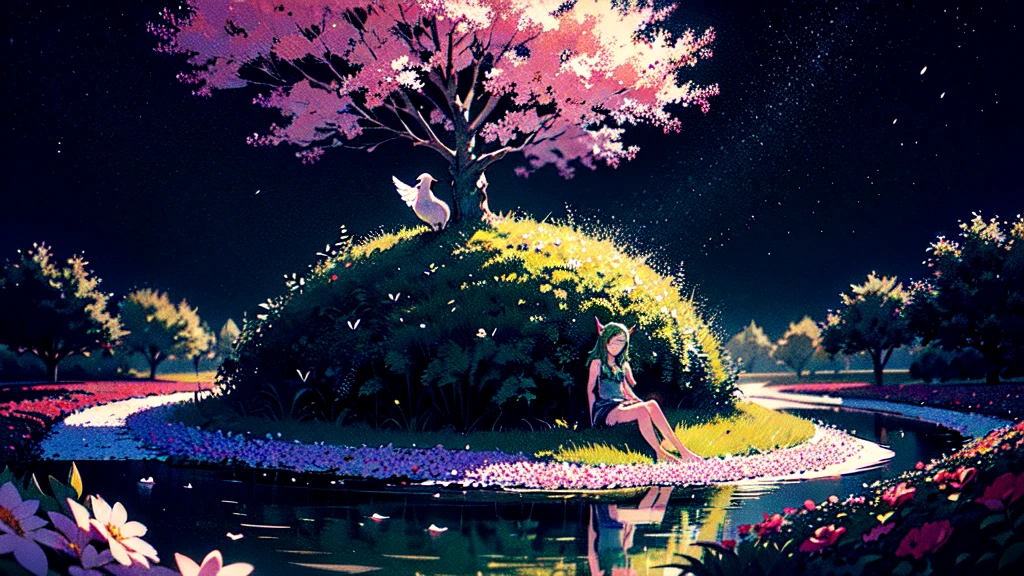 (masterpiece, Highest quality, Highest quality, beautifully、aesthetic:1.3), (One girl:1.3), (Fractal Art:1.3), Dryad,original, Very detailed, colorful, Enchanted Forest, nature, wood, (Dryad:1.4), horn, Pointed Ears, Flowers, Active Pause, whole body, Flower hair, Light-colored hair, Shiny Hair, Sacred, goddess, barefoot, Doll Face, Upturned eyes, Long eyelashes, animal, bird, Sitting, (nude:0.5), avert your eyes, ((Glowing Water)), In the middle of the lake, flower bed, (night),  
