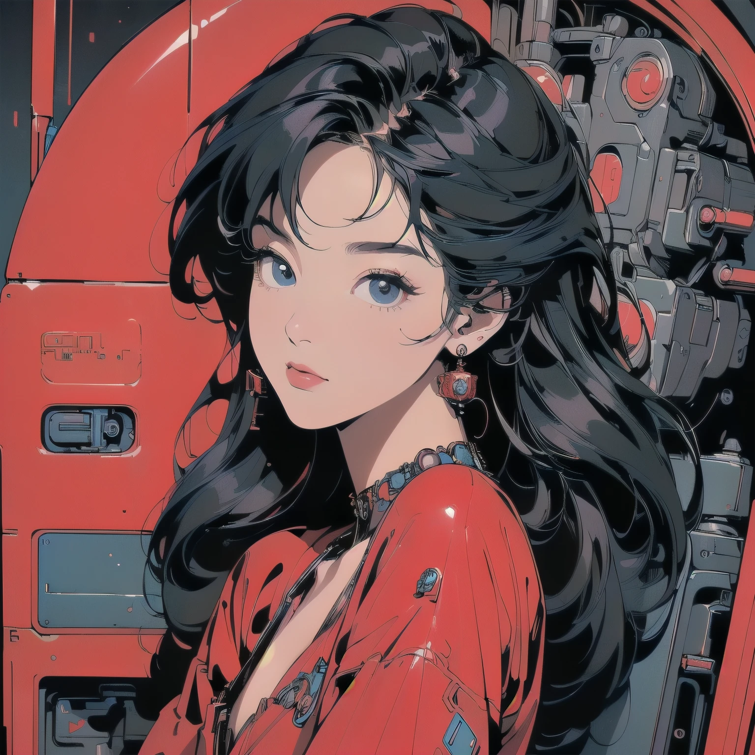 (((masterpiece, Highest quality)))、(((32K Wallpapers)))、The most detailed machine、(((The most complete and detailed red futuristic machine and a woman)))、The most detailed background、(((Flat Chest)))、(((Surrounded by many complex, sophisticated, futuristic machines)))、head shot,((((more various angle))))、((Overall colorfully))、A perfect machine、(((Perfect Face)))、(((The most complete machine of the future)))、Detailed Hair