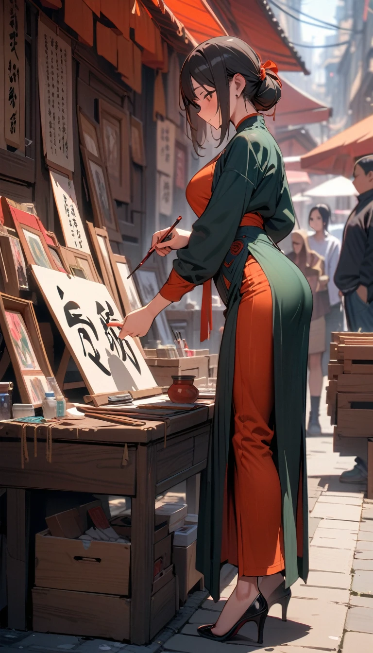 ((best quality)) , ((masterpiece)) , (detailed),((1 female)),Selling calligraphy and paintings,Street vendors,High heel
