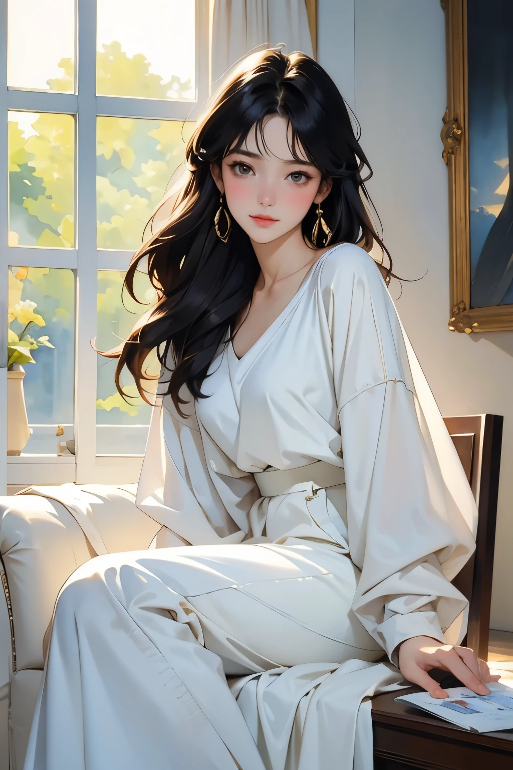 8k、High resolution、A beautiful girl from primitive times、young、white skin,、narrow eyes,high nose,lighting that illuminates the face、clear image、intellectual beauty、skinny、no makeup、The expression you show to your lover,shining hair、single eyelid,、vivid pose、looking at camera、relax on vacation、first inhabited country、Primeval forest、Hunting life、National costume