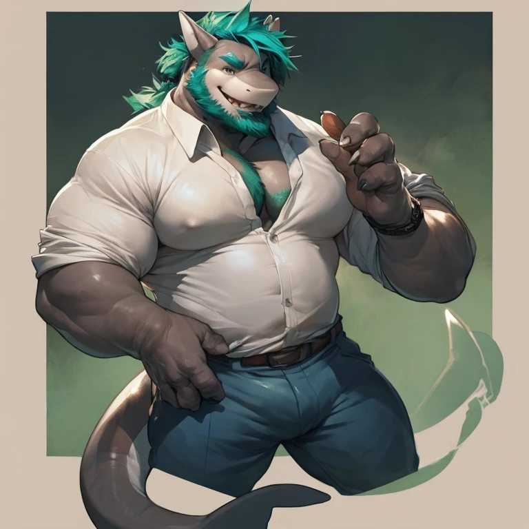 Solo, SemiMuscular Medium thin, male middle aged, anthro Shark, black and creamy white skin, body beauty of a bluish-green tone, thin beard, flirting, dynamic light, opened Shirt, thick shirt ,Teal  hair and beard, extremely hot and sexy, Daddy figure, hot daddy, by darkgem, by zixiong, by glitter trap boy