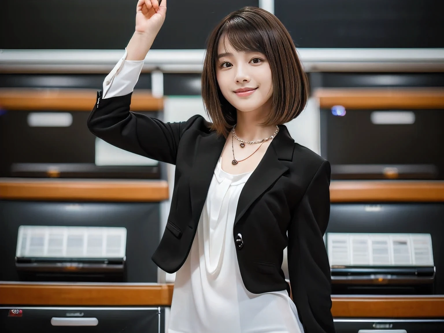 (A female teacher teaching a class in front of a school blackboard:1.5)、(Left hand raised straight up)、(I can see all the way to my fingertips:1.5)、(A kind smile:1.5)、(A cute 20 year old woman:1.5)、(The best quality at its best:1.4), (Super detailed), (Very detailed CG unified 16k), Beautiful woman with perfect figure: 1.4, Sharp focus: 1.2, Very detailed, High-quality RAW color photos, Professional photography, Great face and eyes, cosmetics, (Amazingly beautiful girl), ((Black suit with white blouse:1.5)), Realistic movie faces, Full body long view from head to toe, Realistic, ((Realistic natural orange red hairstyle)), ( Short Bob Hair:1.5), (necklace:1.5)、, Very beautiful face, Perfect model beauty, Mouth swelling, Highly detailed face and skin texture, Fine grain, double eyelid, Medium chest, (masterpiece), Highest quality, High resolution, Very detailed, Blurred Background, Depth of written boundary, Cinema Lighting, Great legs, , Clear, well-maintained skin,((Full body shot from head to toe:1.5))
