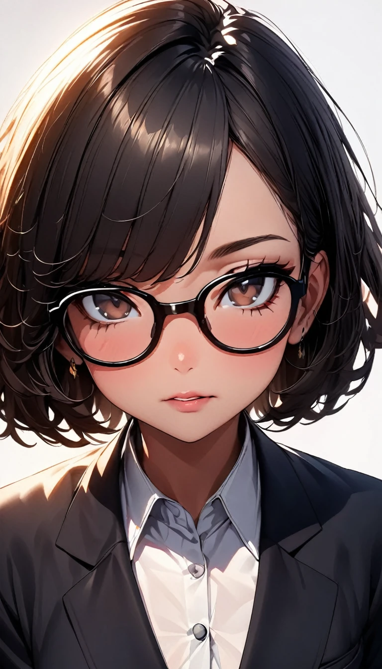 (highest quality:1.2, Very detailed, up to date, Vibrant, Ultra-high resolution, High Contrast, masterpiece:1.2, highest quality, Best aesthetics), Portraiture、girl、solo, ((25-years-old:1)), Bright colors、Beautiful fine details、Beautiful lip detail, short hair、black hair, ((Long bangs:1)), (messy hair:1), brown eyes, (thick black frame glasses:1.3), suit, making presentation ((slim body:0.6)), (big breast:0.7), (dark skin:0.5), (white background:1.5), ((no background)), (cowboy shot:1.6),facing viewer, POV