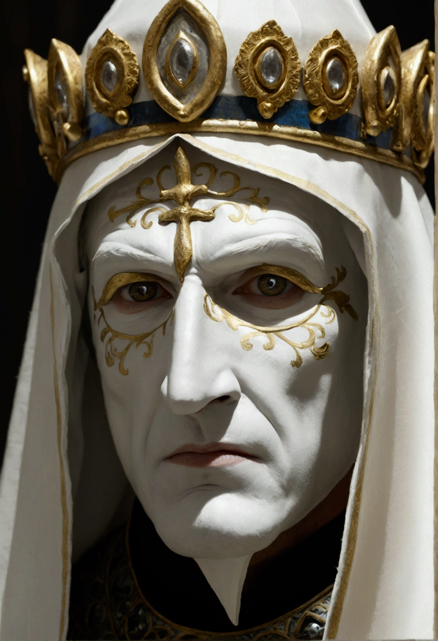 {
"prompt": "A close-up painting of Baldwin IV, the leper king, wearing a simple metallic mask that covers his entire face. The mask is part of a white headdress or garment that drapes over his shoulders. His eyes are expressive, and the background is dark, emphasizing the bright and reflective qualities of the mask.",
"size": "1024x1024"
}