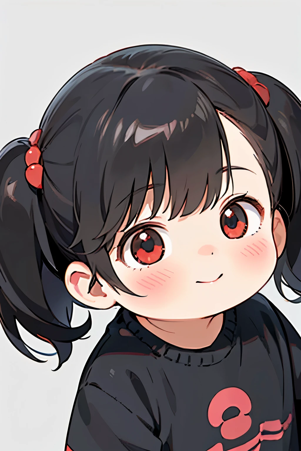 (high-quality, breathtaking),(expressive eyes, perfect face) portrait, Symmetrical Eyes, 1girl, solo, 1 month old, black hair, red coloured eyes, short hair, fluffy hair, wavy hair, baby face, grey background, detailed eyes, cute smile, pigtails, black and red shirt
