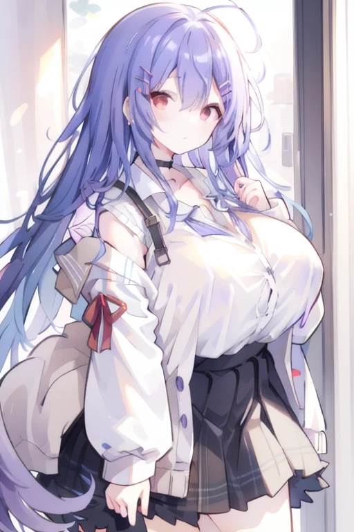 (masterpiece, best quality), intricate details,
1girl, solo, long hair, dull purple hair, gradient hair, dull red eyes, bored, tired, hairclip, black choker, white shirt, brown loose cardigan, sleeves past fingers, plaid skirt, huge plump breasts,