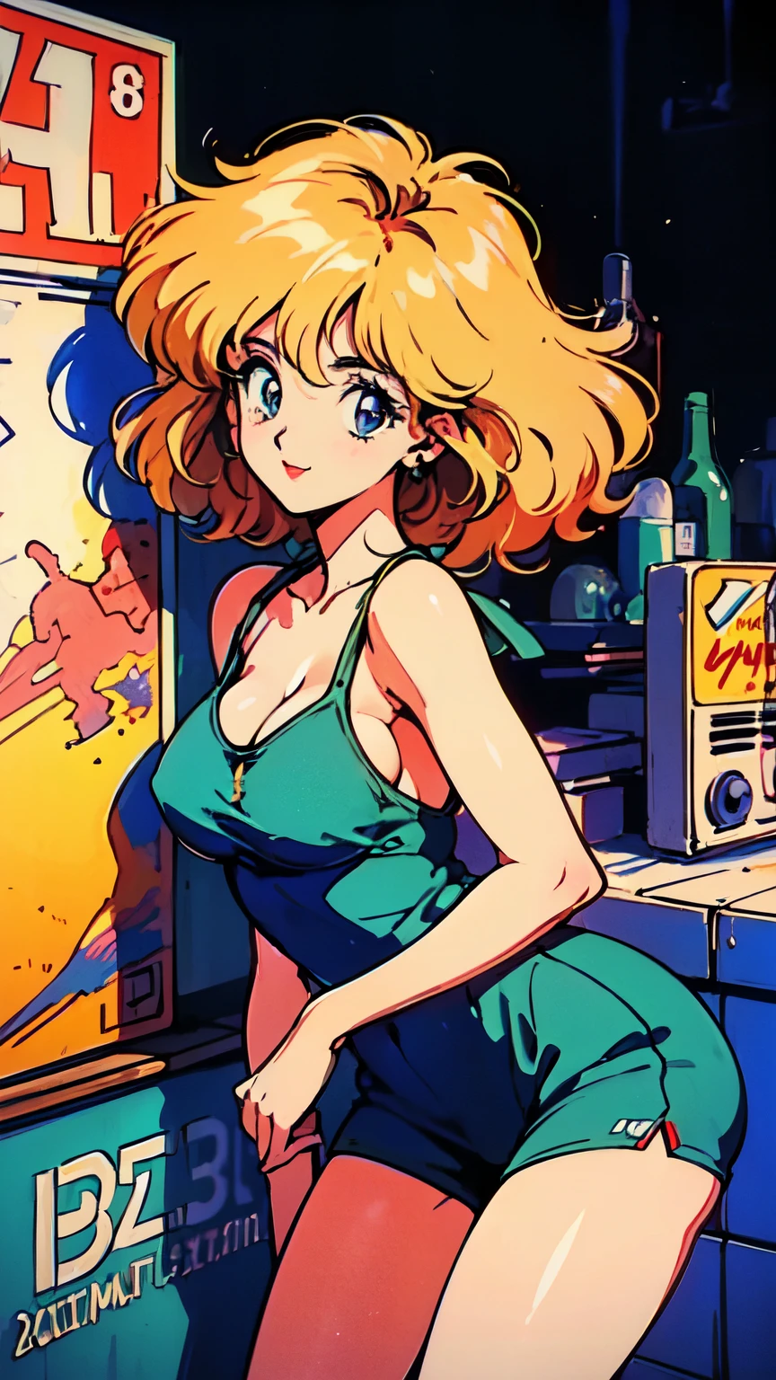 (80's, Retro, City Pop Poster:1.5), (Album cover), (masterpiece, Highest quality), (anime, figure), 
Best Photo Poses, Dynamic Angle, Cowboy Shot, blonde Russian girl, 19 years old, Large Breasts, Wide Hips, Perky ass, Round ass,
girl, alone, smile, A perfect eye for detail, Delicate face, blue eyes,
High Fashion, 