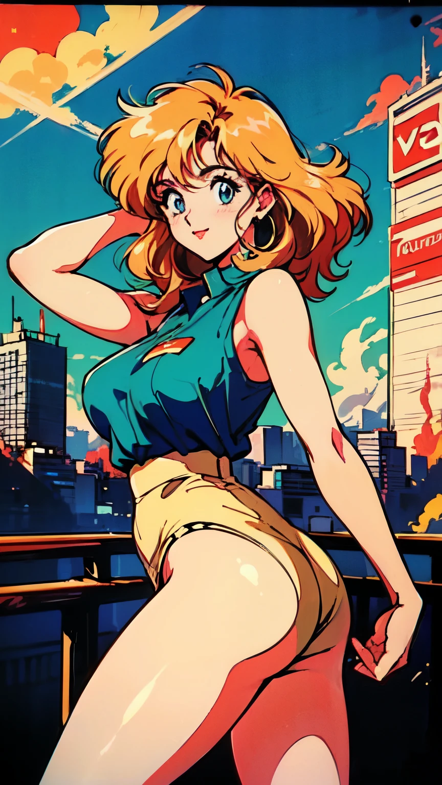 (80's, Retro, City Pop Poster:1.5), (Album cover), (masterpiece, Highest quality), (anime, figure), 
Best Photo Poses, Dynamic Angle, Cowboy Shot, blonde Russian girl, 19 years old, Large Breasts, Wide Hips, Perky ass, Round ass,
girl, alone, smile, A perfect eye for detail, Delicate face, blue eyes,
High Fashion, 