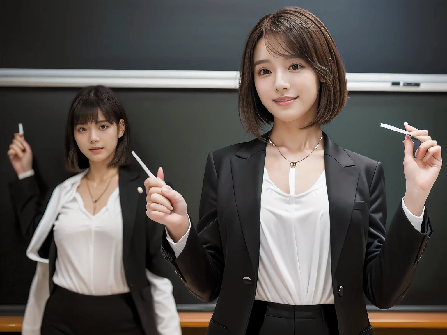 (A female teacher teaching a class in front of a school blackboard:1.5)、(Left hand raised straight up)、(I can see all the way to my fingertips:1.5)、(A kind smile:1.5)、(A cute 20 year old woman:1.5)、(The best quality at its best:1.4), (Super detailed), (Very detailed CG unified 16k), Beautiful woman with perfect figure: 1.4, Sharp focus: 1.2, Very detailed, High-quality RAW color photos, Professional photography, Great face and eyes, cosmetics, (Amazingly beautiful girl), ((Black suit with white blouse:1.5)), Realistic movie faces, Full body long view from head to toe, Realistic, ((Realistic natural orange red hairstyle)), ( Short Bob Hair:1.5), (necklace:1.5)、, Very beautiful face, Perfect model beauty, Mouth swelling, Highly detailed face and skin texture, Fine grain, double eyelid, Medium chest, (masterpiece), Highest quality, High resolution, Very detailed, Blurred Background, Depth of written boundary, Cinema Lighting, Great legs, , Clear, well-maintained skin,((Full body shot from head to toe:1.5))