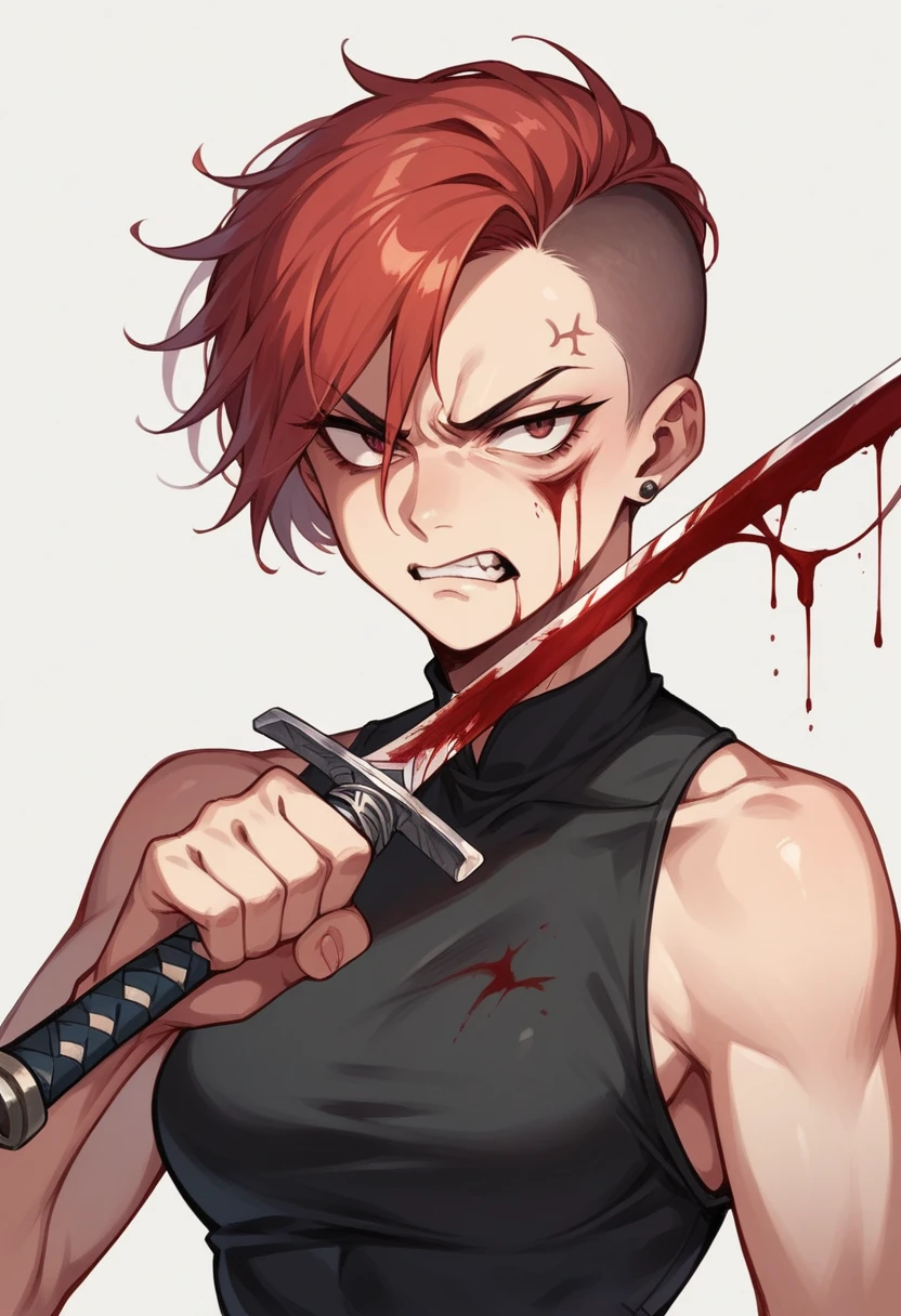 Woman, short red hair, sidecut, angry face, holding a sword with blood