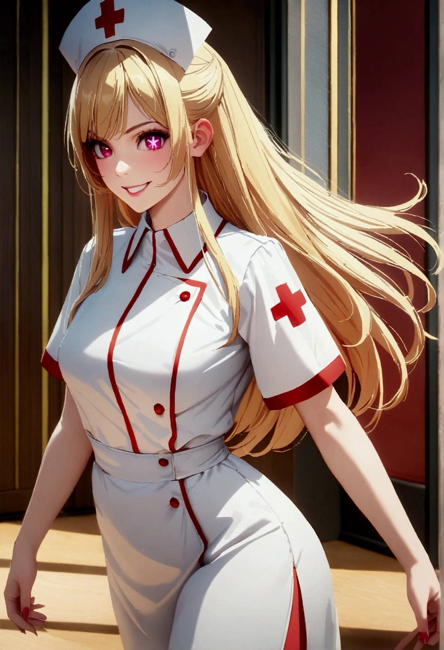 nurse cosplay, nurse outfit, hoshinoruby, star-shaped pupils, ruby_hoshino, blonde hair, bangs, 1girl, pink eyes, long hair, cowboy shot, (masterpiece), (high quality), 8K, high resolution, extremely detailed CG, photorealistic, grin, Chinese Imperial Courts,