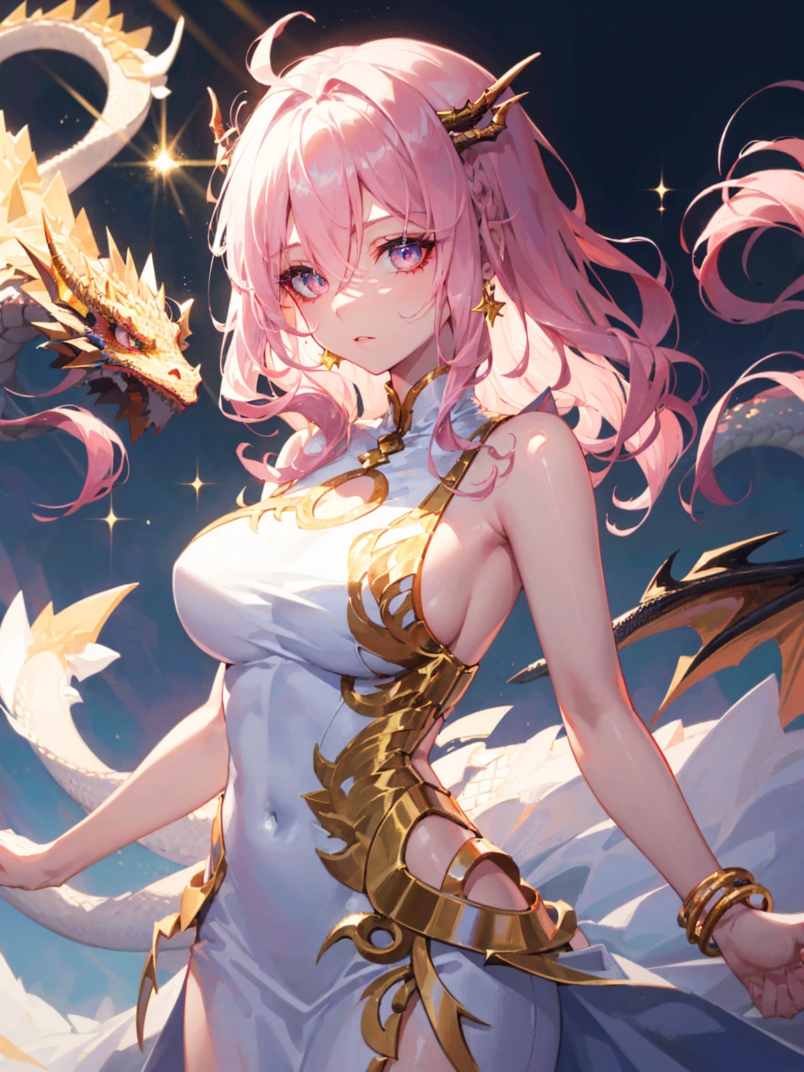 (sharp focus:1.2), masterpiece, ultra detailed, cinematic lightings, volumetric lighting, attractive young woman, (beautiful face:1.1), detailed eyes, luscious lips, (perfect body:1.2), perfect breasts, round breasts, upper body, cowboy shot, (wavy hair:1.2), golden jewelry, white and golden clothes, (golden clothes:1), (white clothes:1.3), golden ornaments, elegant cutout, clothes cutout, sleeveless, no sleeves, bare shoulders, perfect shoulders, sideboob, exposed sideboob, naked arms, bare arms, (completely naked arms), (dragon tattoo:1.3), tattoo, revealing clothes, shiny silk, golden stripes clothes, detailed textures, (dragon clothes:1.3), (moody lightings:1.2), (light rays:1.2), depth of field, bokeh, 4K, HDR. detailed iris, sparkle eyes, star in eyes, enchanting pink eyes, (multicolored eyes), (shining dust), (pink hair:1.3), (messy hair:1.3), (hair between eyes), (hair over one eye:1.2), (wavy hair:1.1)