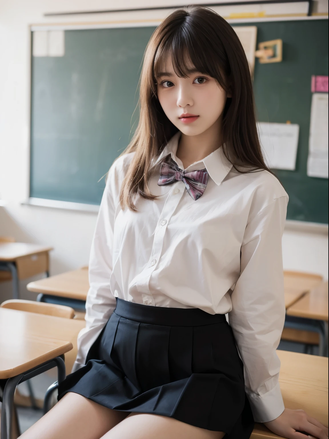 (8k, Top quality, Masterpiece:1.2), (Realistic, photo-realistic:1.37), Super detailed, perfect anatomy, cute, small eyes, 18 years old, a Japanese, girl, white shirt, bow tie, school skirt, blunt bangs, classroom,