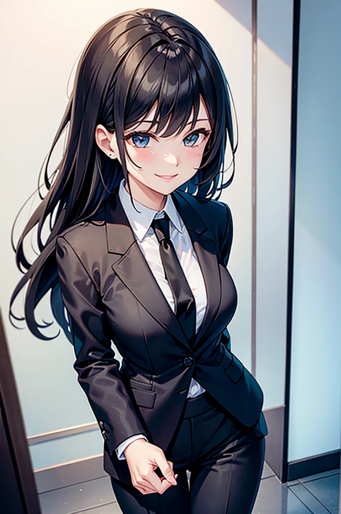 Woman wearing a black pantsuit　tie　smile　