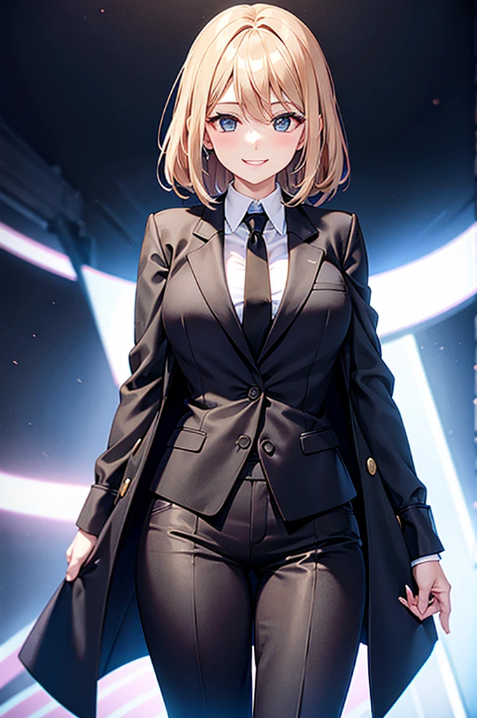 Woman wearing a black pantsuit tie smile