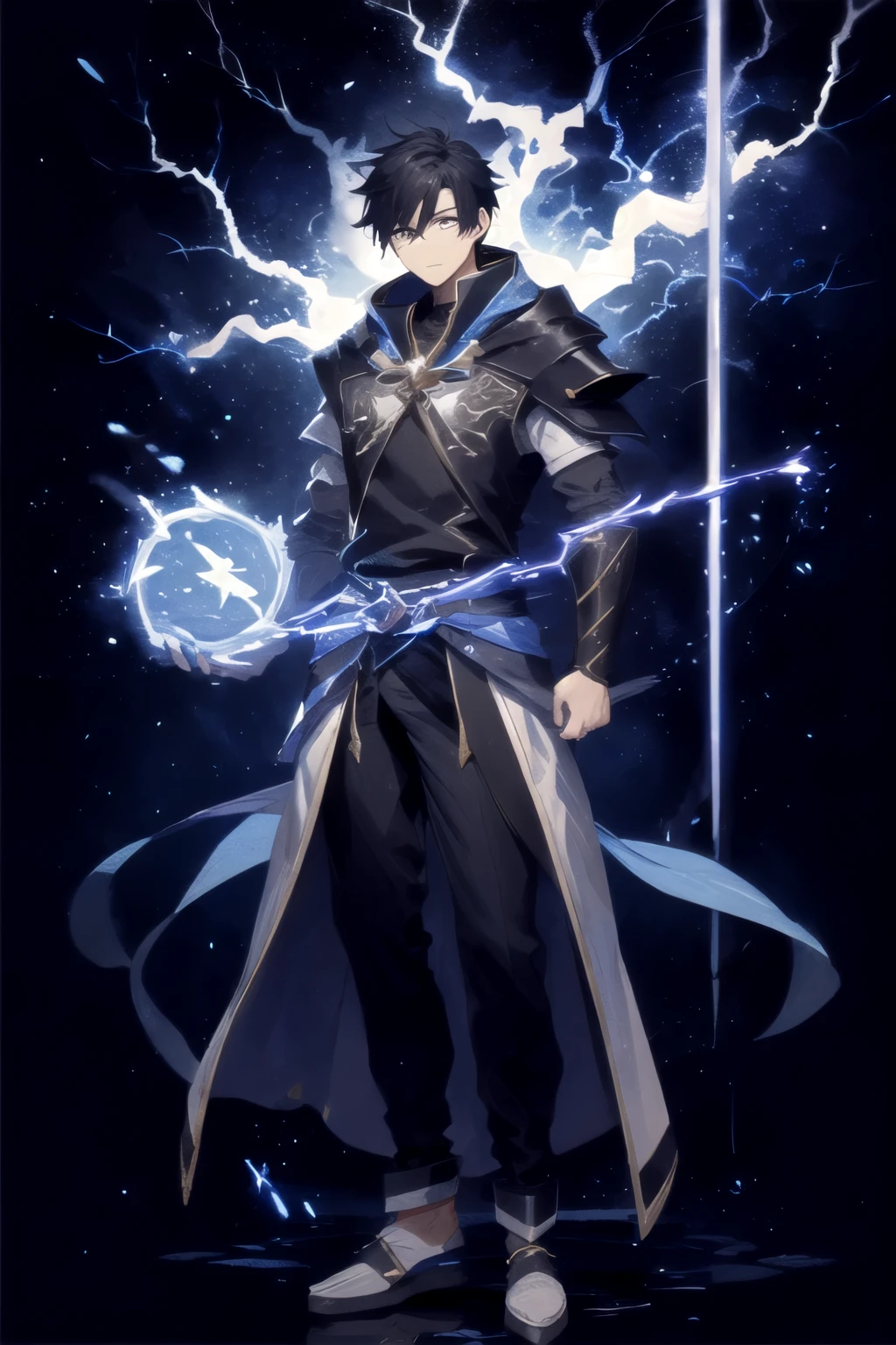 (AS-YoungV2:1.2), traditional media, 独奏,Thunder and Lightning,Thunder and LightningMage,Thunder and LightningMage,Mage,Black hair, Paladin, standing, full body, simple background