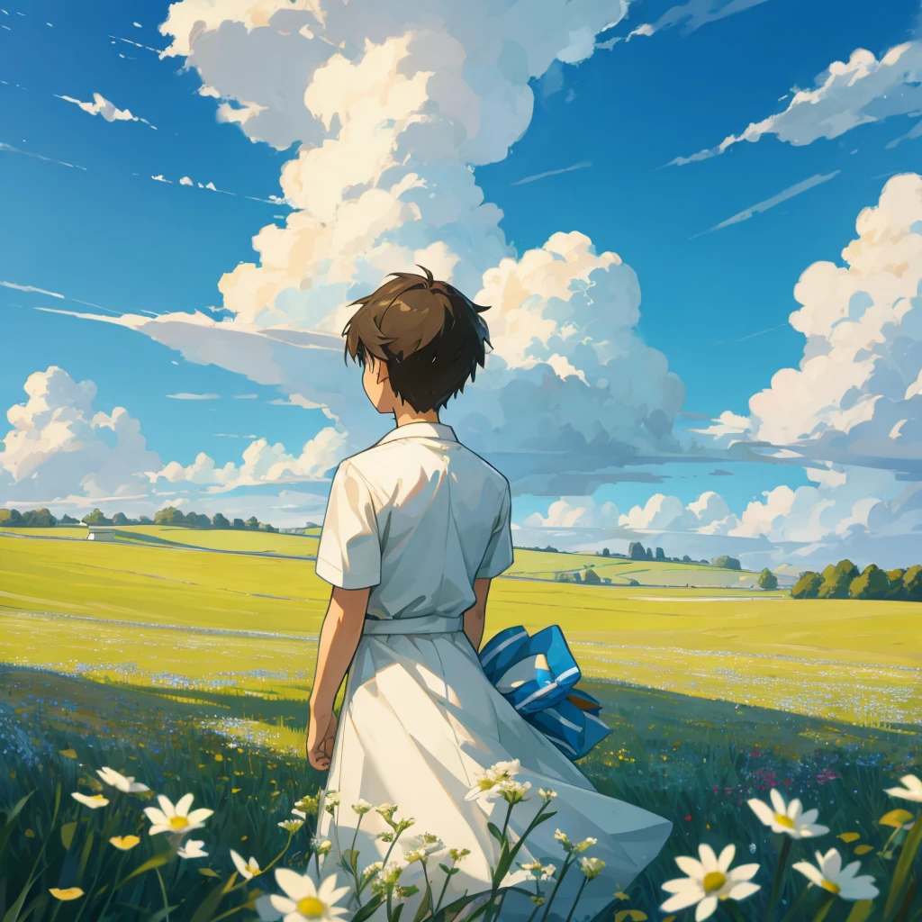 boy，student，England，Realism，grassland，Blue sky and white clouds，Back，Holding a small bouquet