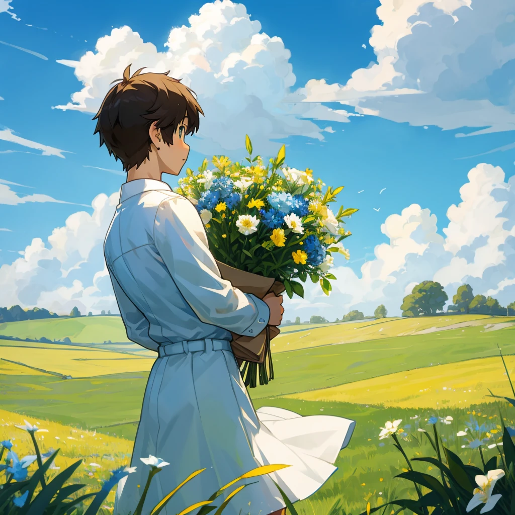 boy,,England,Realism,grassland,Blue sky and white clouds,Back,Holding a small bouquet