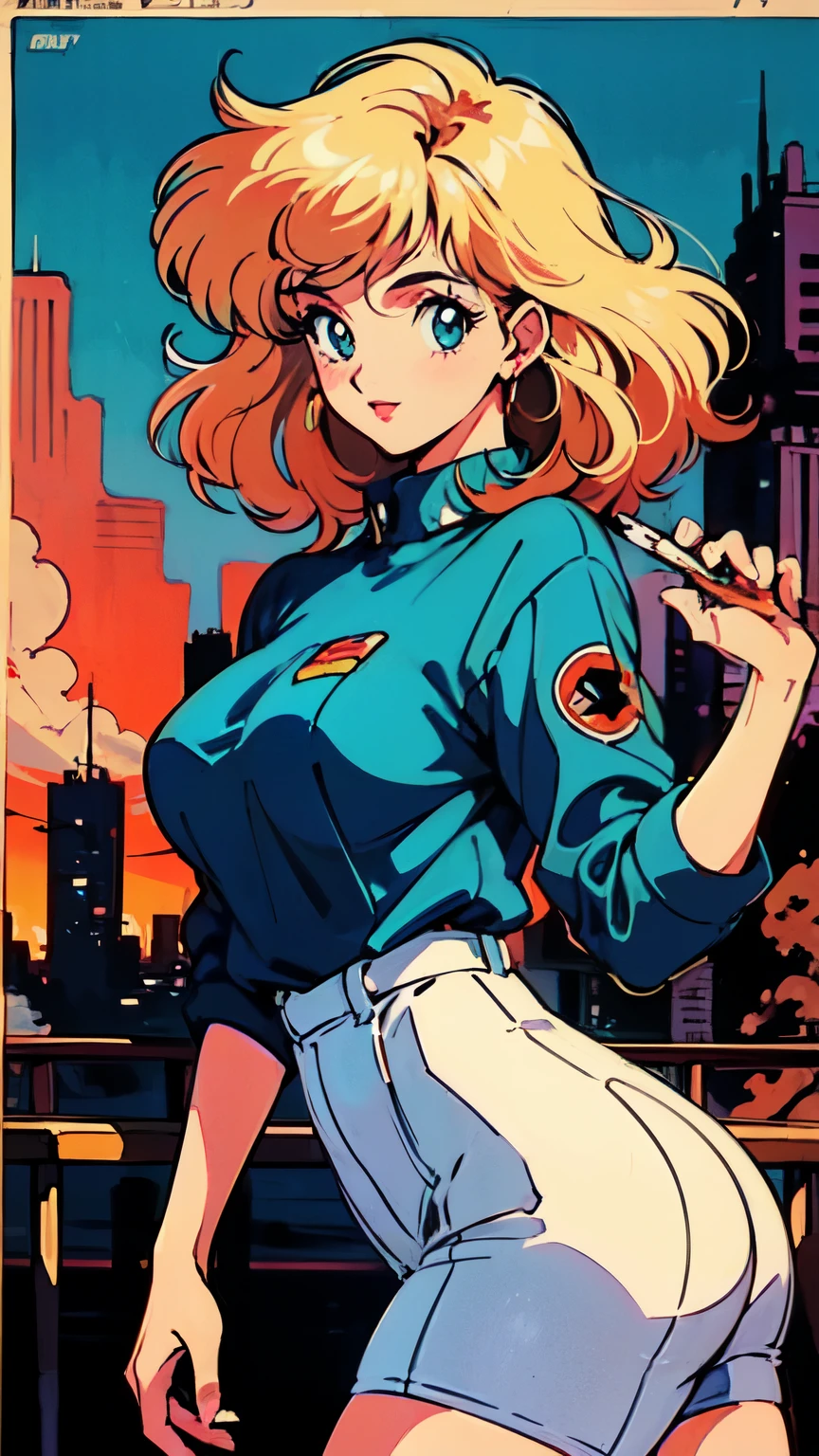 (80's, Retro, City Pop Poster:1.5), (Album cover), (masterpiece, Highest quality), (anime, figure),
Best Photo Poses, Dynamic Angle, Cowboy Shot, blonde Russian girl, 19 years old, Large Breasts, Wide Hips, Perky ass, Round ass,
girl, alone, smile, A perfect eye for detail, Delicate face, blue eyes,
High Fashion,