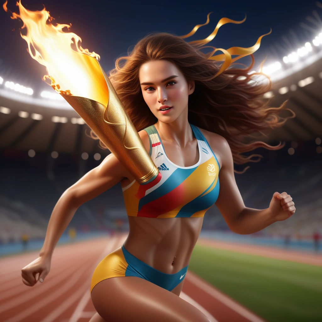 Woman running with the Olympic torch、masterpiece、Photorealistic、8k、Hyperrealistic、Very detailed、Intricate details、Bright colors、Dramatic lighting、Dynamic pose、Athlete-like figure、Intense expression、Flowing Hair、Olympic Stadium in the background、Cinematic composition