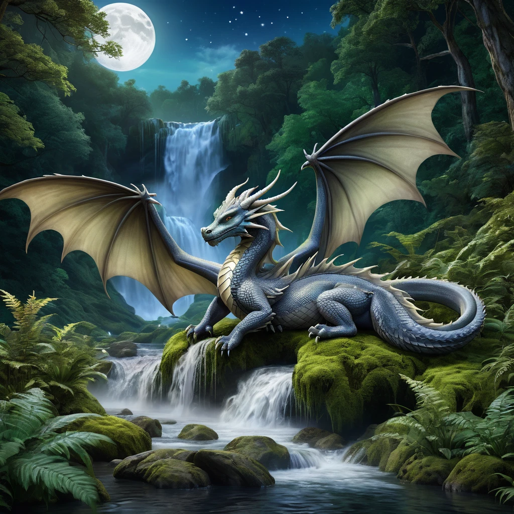 (A European dragon with wings sleeping in front of a forest waterfall ), solo, waterfall, moon mystical creature, realistic, ultra detailed, dynamic pose, moonlit night, detailed forest background, vegetation in the foreground
